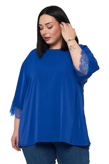 Büyük Beden Dantel Detaylı Yarım Kol Saks Mavi Bluz
