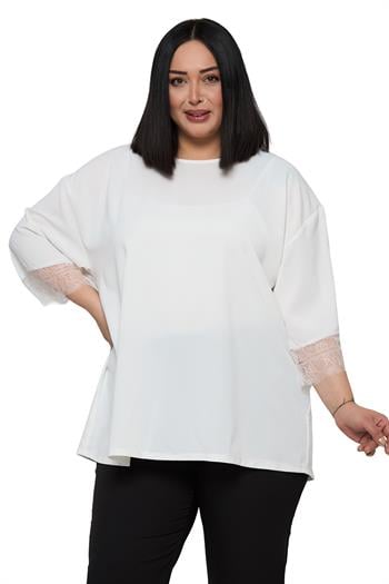 Büyük Beden Dantel Detaylı Yarım Kol Beyaz Bluz