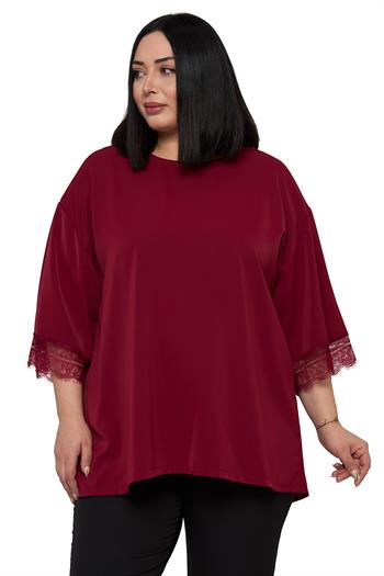 Büyük Beden Dantel Detaylı Yarım Kol Bordo Bluz