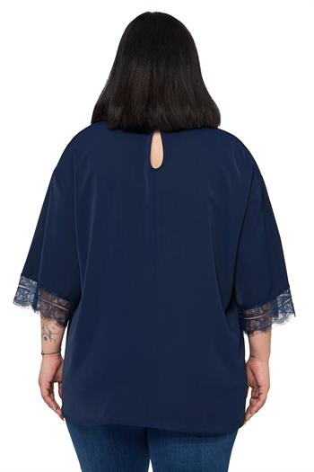 Büyük Beden Dantel Detaylı Yarım Kol Lacivert Bluz