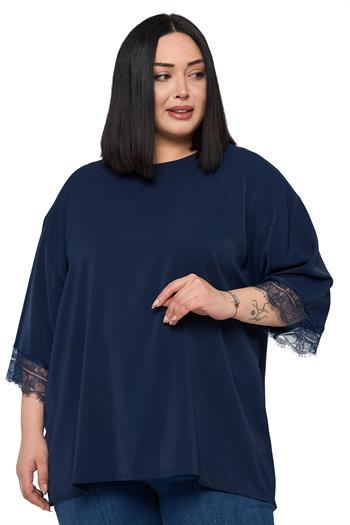 Büyük Beden Dantel Detaylı Yarım Kol Lacivert Bluz