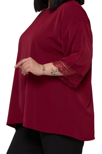 Büyük Beden Dantel Detaylı Yarım Kol Bordo Bluz