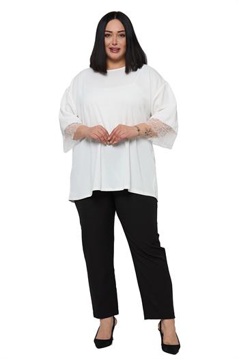 Büyük Beden Dantel Detaylı Yarım Kol Beyaz Bluz
