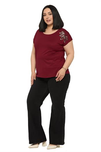 Büyük Beden Düşük Kısa Kollu Omuzda Yaprak Desenli Bordo Bluz