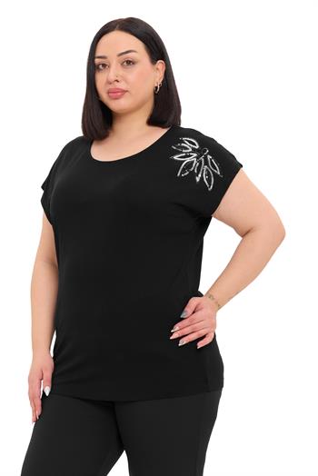 Büyük Beden Düşük Kısa Kollu Omuzda Yaprak Desenli Siyah Bluz