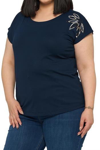 Büyük Beden Düşük Kısa Kollu Omuzda Yaprak Desenli Lacivert Bluz