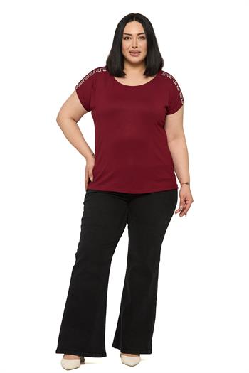 Büyük Beden Düşük Kısa Kollu Omuzda Şerit Desenli Bordo Bluz