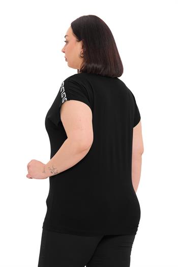 Büyük Beden Düşük Kısa Kollu Omuzda Şerit Desenli Siyah Bluz