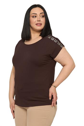 Büyük Beden Düşük Kısa Kollu Omuzda Şerit Desenli Kahverengi Bluz