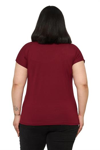 Büyük Beden Düşük Kısa Kollu Omuzda Şerit Desenli Bordo Bluz