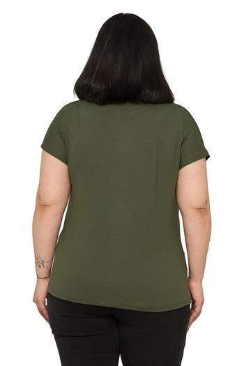 Büyük Beden Düşük Kısa Kollu Omuzda Papatya Desenli Haki Bluz