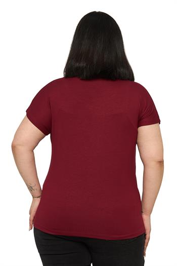 Büyük Beden Düşük Kısa Kollu Omuzda Yaprak Desenli Bordo Bluz