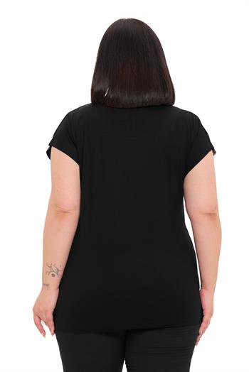 Büyük Beden Düşük Kısa Kollu Omuzda Kalp Desenli Siyah Bluz