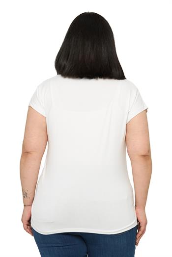 Büyük Beden Düşük Kısa Kollu Omuzda Papatya Desenli Ekru Bluz