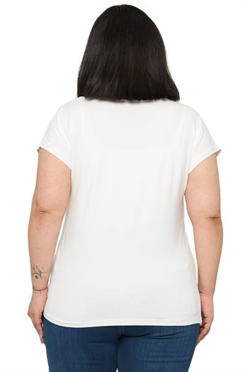 Büyük Beden Düşük Kısa Kollu Omuzda Baklava Desenli Ekru Bluz