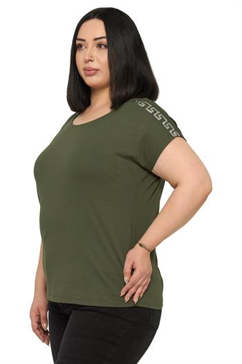 Büyük Beden Düşük Kısa Kollu Omuzda Şerit Desenli Haki Bluz