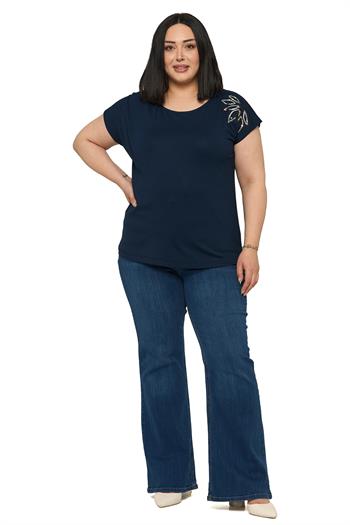 Büyük Beden Düşük Kısa Kollu Omuzda Yaprak Desenli Lacivert Bluz