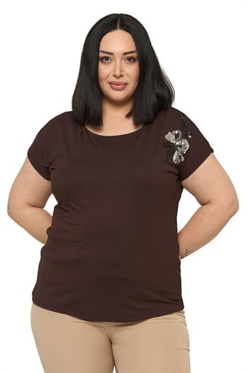 Büyük Beden Düşük Kısa Kollu Omuzda Papatya Desenli Kahverengi Bluz