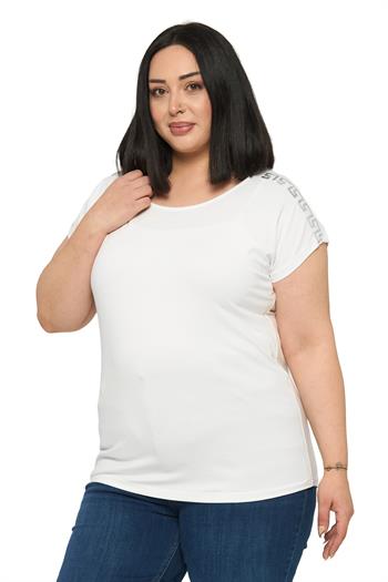 Büyük Beden Düşük Kısa Kollu Omuzda Şerit Desenli Ekru Bluz