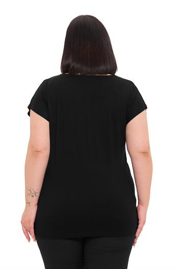 Büyük Beden Düşük Kısa Kollu Omuzda Papatya Desenli Siyah Bluz