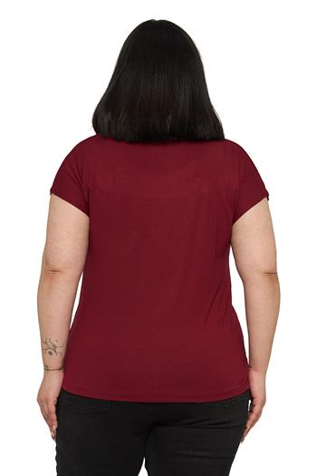 Büyük Beden Düşük Kısa Kollu Omuzda Baklava Desenli Bordo Bluz