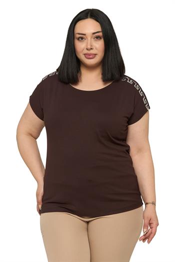 Büyük Beden Düşük Kısa Kollu Omuzda Şerit Desenli Kahverengi Bluz