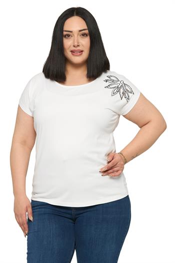 Büyük Beden Düşük Kısa Kollu Omuzda Yaprak Desenli Ekru Bluz