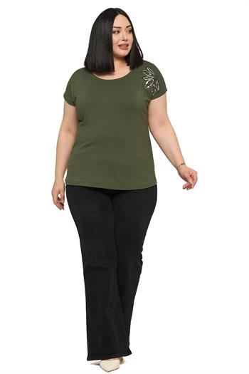 Büyük Beden Düşük Kısa Kollu Omuzda Yaprak Desenli Haki Bluz