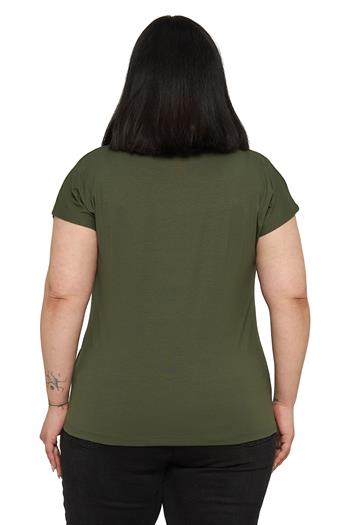 Büyük Beden Düşük Kısa Kollu Omuzda Baklava Desenli Haki Bluz