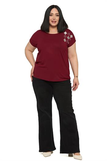 Büyük Beden Düşük Kısa Kollu Omuzda Baklava Desenli Bordo Bluz