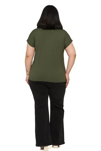 Büyük Beden Düşük Kısa Kollu Omuzda Şerit Desenli Haki Bluz