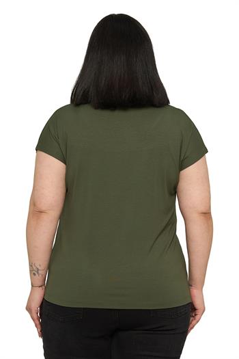 Büyük Beden Düşük Kısa Kollu Omuzda Yaprak Desenli Haki Bluz