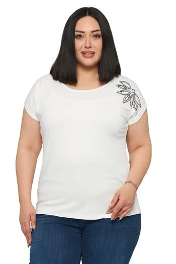 Büyük Beden Düşük Kısa Kollu Omuzda Yaprak Desenli Ekru Bluz