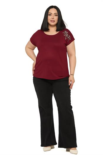 Büyük Beden Düşük Kısa Kollu Omuzda Yaprak Desenli Bordo Bluz