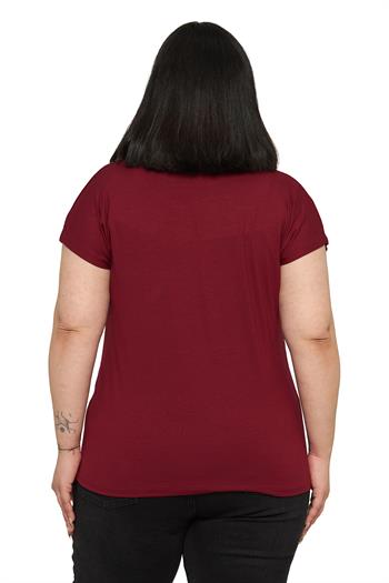 Büyük Beden Düşük Kısa Kollu Omuzda Papatya Desenli Bordo Bluz