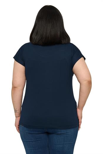 Büyük Beden Düşük Kısa Kollu Omuzda Yaprak Desenli Lacivert Bluz