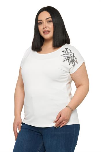 Büyük Beden Düşük Kısa Kollu Omuzda Yaprak Desenli Ekru Bluz