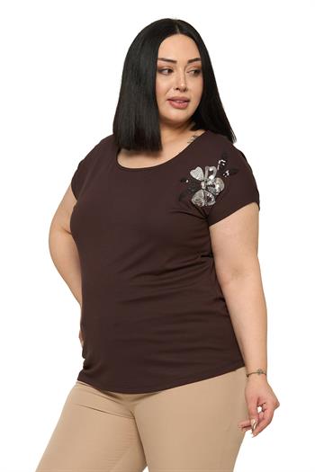 Büyük Beden Düşük Kısa Kollu Omuzda Papatya Desenli Kahverengi Bluz