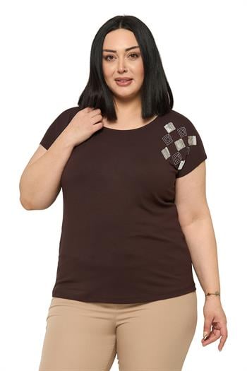 Büyük Beden Düşük Kısa Kollu Omuzda Baklava Desenli Kahverengi Bluz
