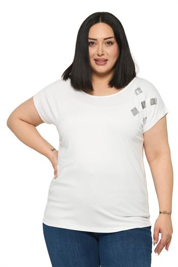 Büyük Beden Düşük Kısa Kollu Omuzda Baklava Desenli Ekru Bluz