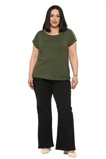 Büyük Beden Düşük Kısa Kollu Omuzda Şerit Desenli Haki Bluz