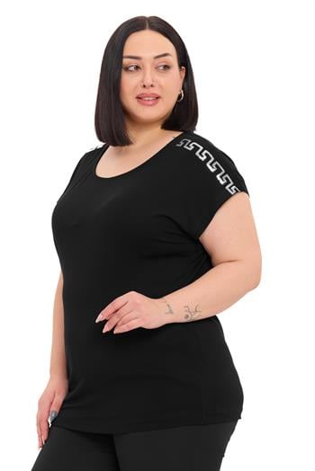 Büyük Beden Düşük Kısa Kollu Omuzda Şerit Desenli Siyah Bluz