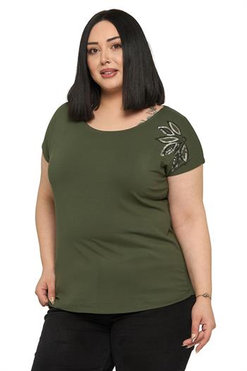 Büyük Beden Düşük Kısa Kollu Omuzda Yaprak Desenli Haki Bluz