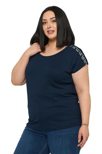 Büyük Beden Düşük Kısa Kollu Omuzda Şerit Desenli Lacivert Bluz