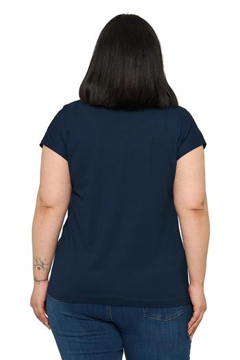 Büyük Beden Düşük Kısa Kollu Omuzda Şerit Desenli Lacivert Bluz