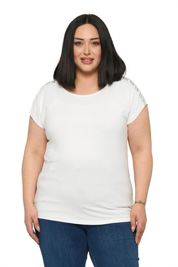 Büyük Beden Düşük Kısa Kollu Omuzda Şerit Desenli Ekru Bluz