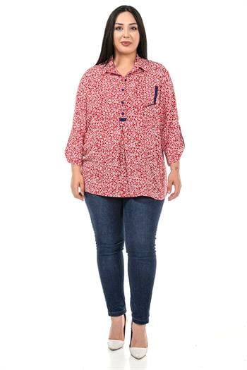 Büyük Beden Gömlek Yaka Düğmeli Cep Detaylı Katlamalı Kollu Kırmızı Bluz 