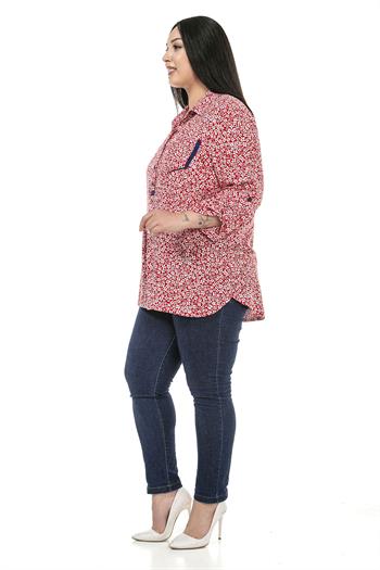 Büyük Beden Gömlek Yaka Düğmeli Cep Detaylı Katlamalı Kollu Kırmızı Bluz 