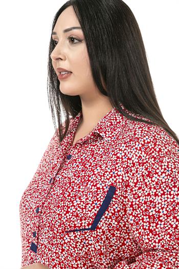 Büyük Beden Gömlek Yaka Düğmeli Cep Detaylı Katlamalı Kollu Kırmızı Bluz 