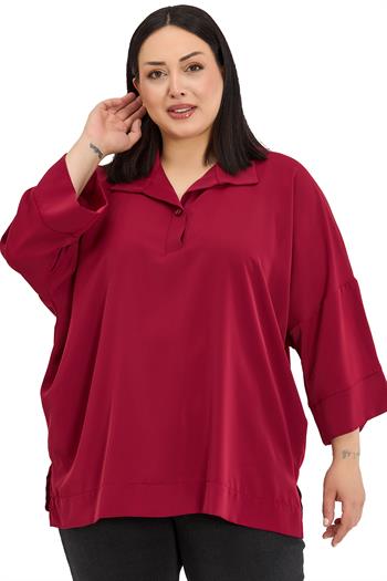 Büyük Beden Gömlek Yaka Düşük Truvakar Kollu Rahat Kesim Bordo Bluz 